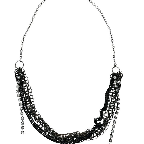 Black Multi Chain and Rhinestone Necklace - Picture 1 of 8